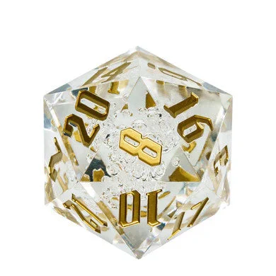 55mm Titan d20: Sharp Edge Bubbles - Clear with Gold Ink and Air Bubbles